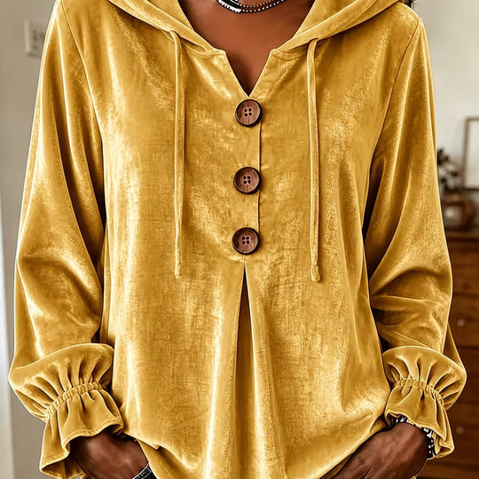 Damen Samt-Hoodie mit Holzknopfblende, Tunnelzug und gerafften Ärmeln Shop Nory