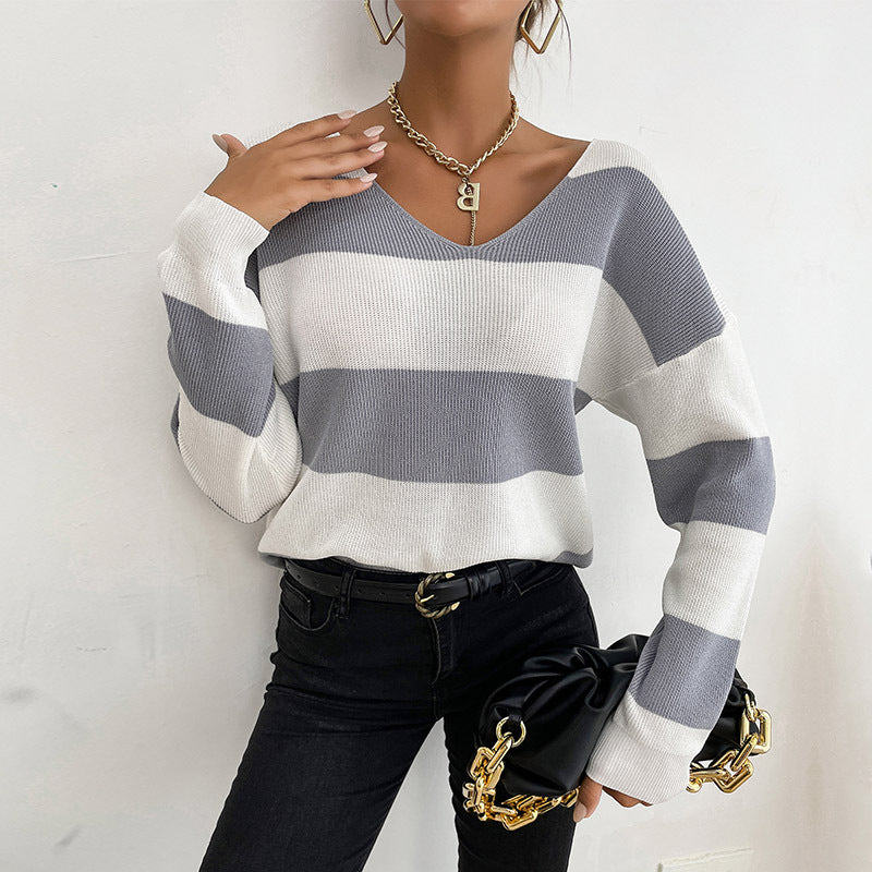 Damen Leichter Oversize‑Strickpullover mit V‑Ausschnitt und breitem Streifenmuster Shop Nory