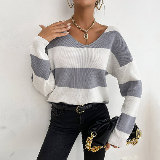Damen Leichter Oversize‑Strickpullover mit V‑Ausschnitt und breitem Streifenmuster Shop Nory