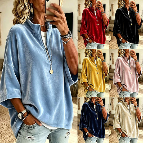 Damen Oversize Samt-Pullover mit kurzem Reißverschluss und Stehkragen Shop Nory