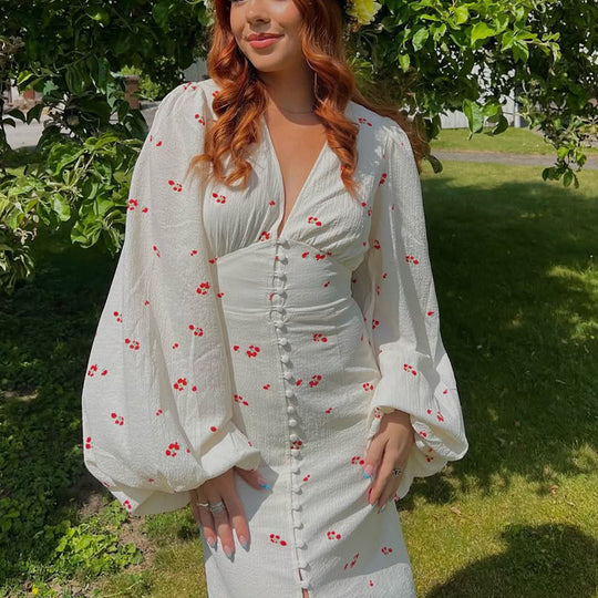 Damen Midikleid mit Puffärmeln, V-Ausschnitt und dekorativer Knopfleiste Shop Nory
