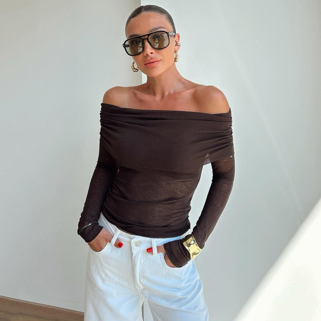 Damen nan schulterfreies Feinstrick-Longsleeve mit gerafftem Umschlagkragen und taillierter Passform Shop Nory