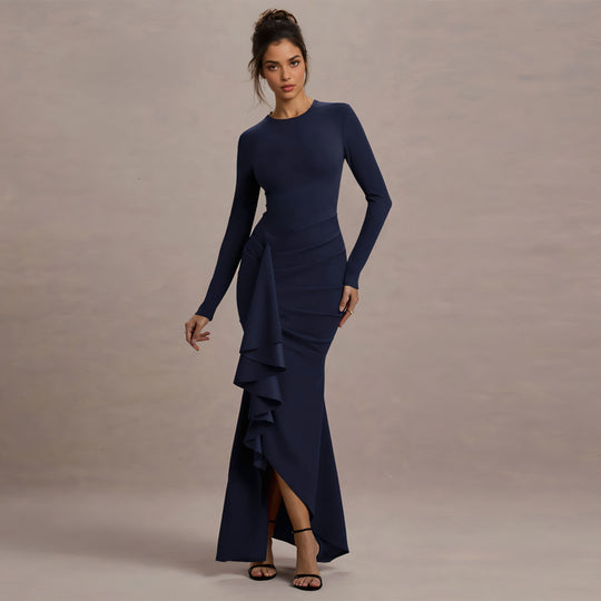 Damen Elegantes Abend-Maxikleid mit langen Ärmeln, figurbetonter Silhouette und seitlichem Volant Shop Nory