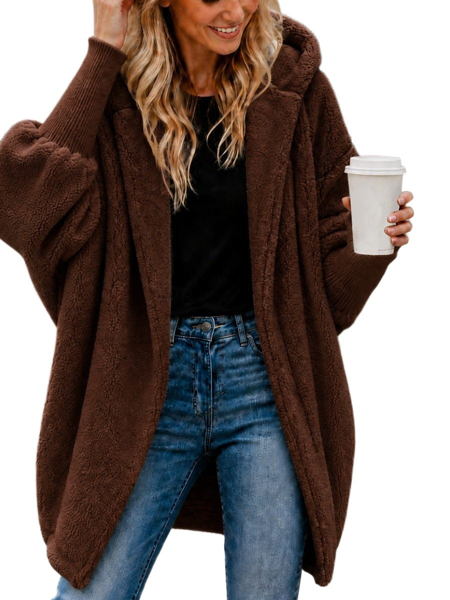 Damen Oversized Sherpa-Kapuzenmantel mit offenem Saum und Rippenbündchen Shop Nory