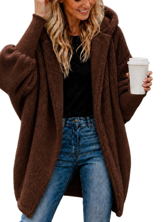 Damen Oversized Sherpa-Kapuzenmantel mit offenem Saum und Rippenbündchen Shop Nory