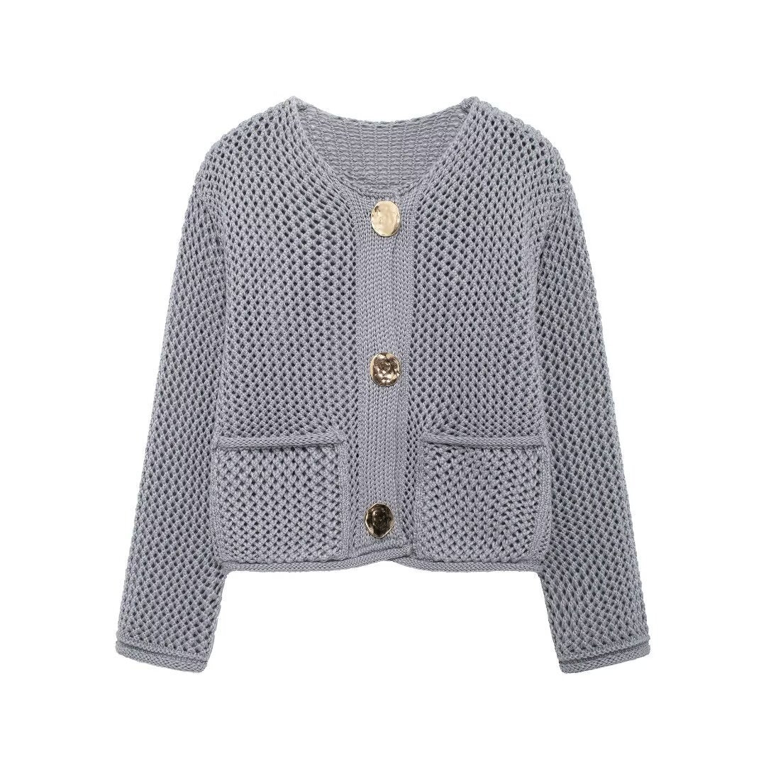 Damen Strickjacke mit offener Netz-Struktur, Zierknöpfen und aufgesetzten Taschen Shop Nory