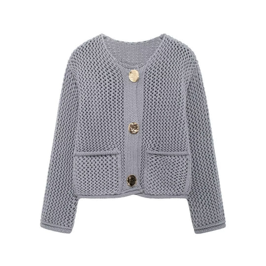 Damen Strickjacke mit offener Netz-Struktur, Zierknöpfen und aufgesetzten Taschen Shop Nory