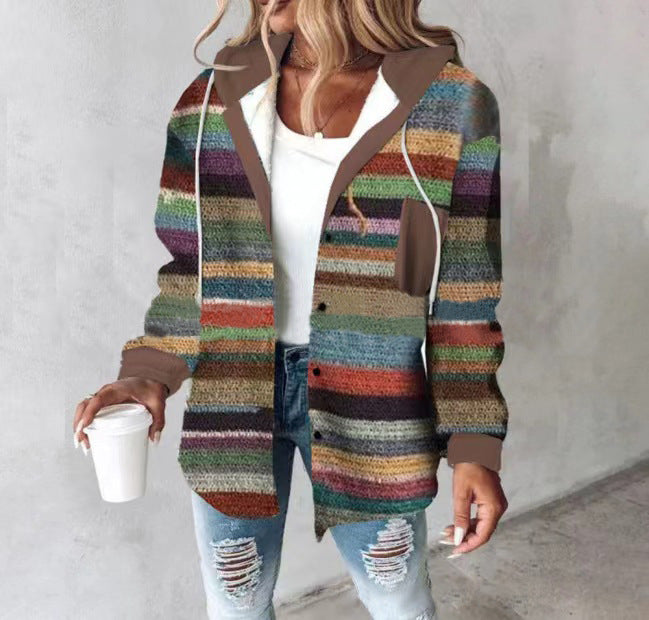 Damen Kapuzencardigan mit Streifen und Druckknopfblende Shop Nory