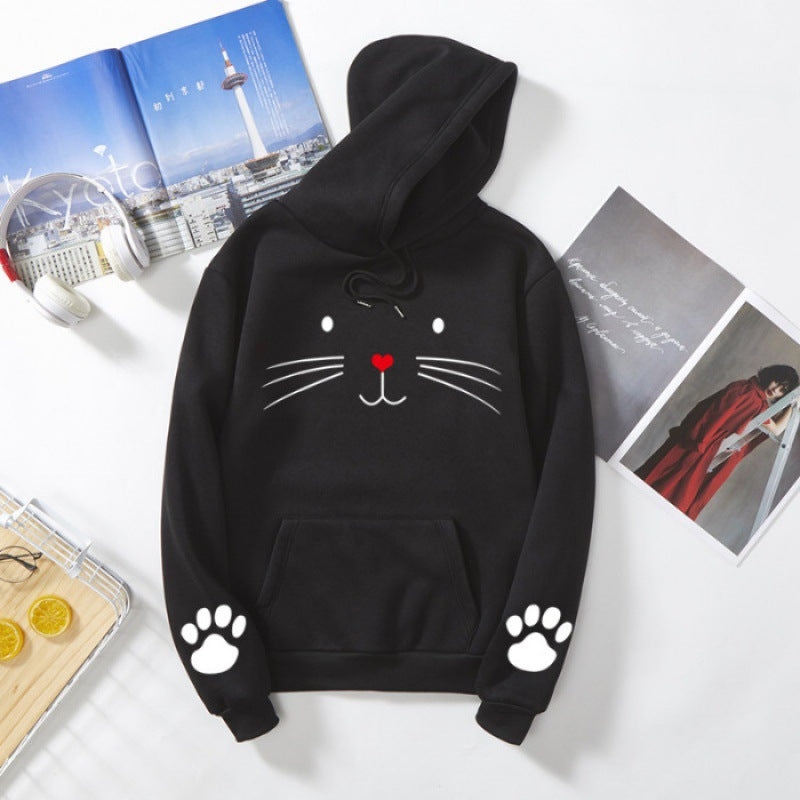 Damen nan Kapuzenpullover mit gedrucktem Katzenmotiv, Kängurutasche und Pfotenapplikationen Shop Nory