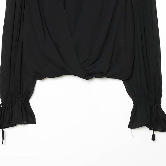 Damen Chiffon-Bluse mit Schluppe, Stehkragen und gerafften Ballonärmeln Shop Nory