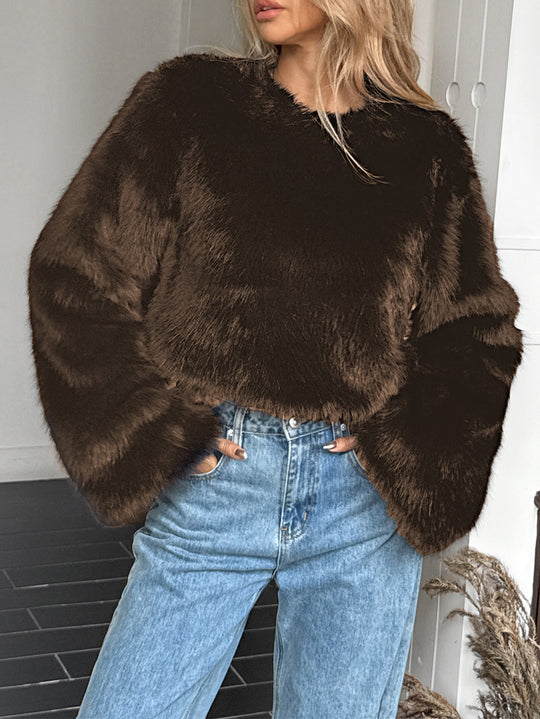 Damen nan kuscheliger Cropped-Faux-Fur-Pullover mit ausgestellten Ärmeln Shop Nory