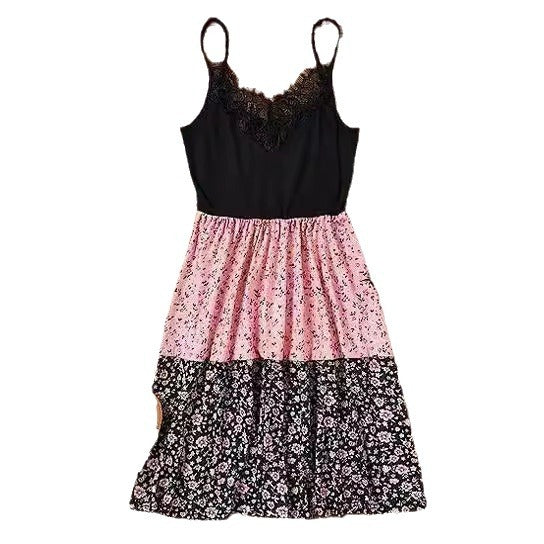 Damen Blumenkleid mit Spitzenoberteil und gefächertem Rock