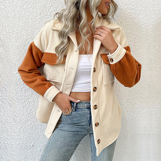 Damen weite Hemdjacke aus Teddyfleece mit Kontrastärmeln und aufgesetzten Taschen Shop Nory