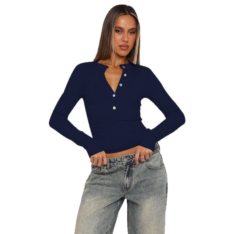 Damen Figurbetontes geripptes Henley-Longsleeve mit Knopfleiste Shop Nory