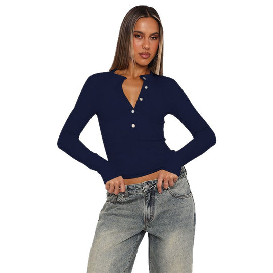 Damen Figurbetontes geripptes Henley-Longsleeve mit Knopfleiste Shop Nory
