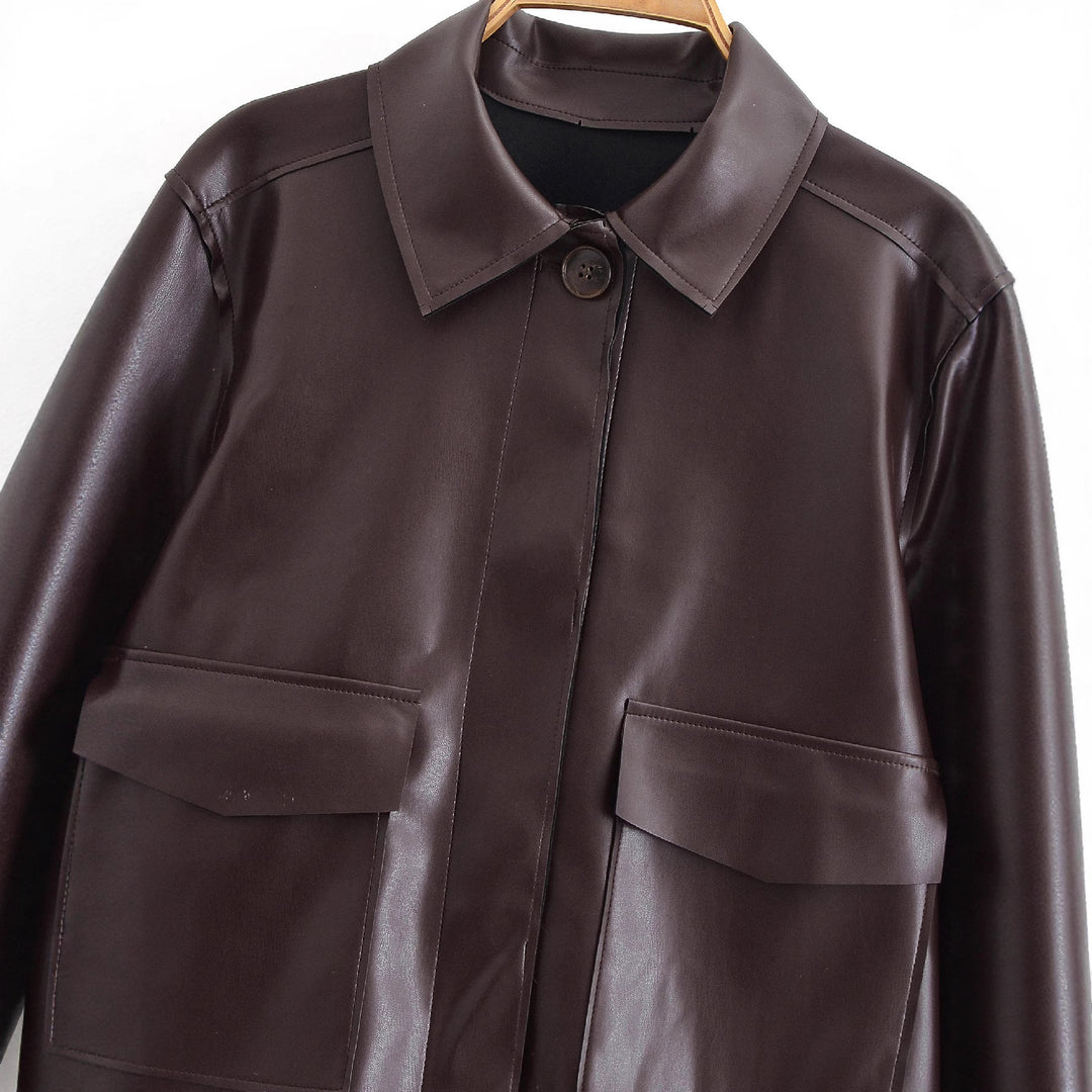 Damen Kurze Boxy-Lederoptikjacke mit Pattentaschen und Hemdkragen Shop Nory