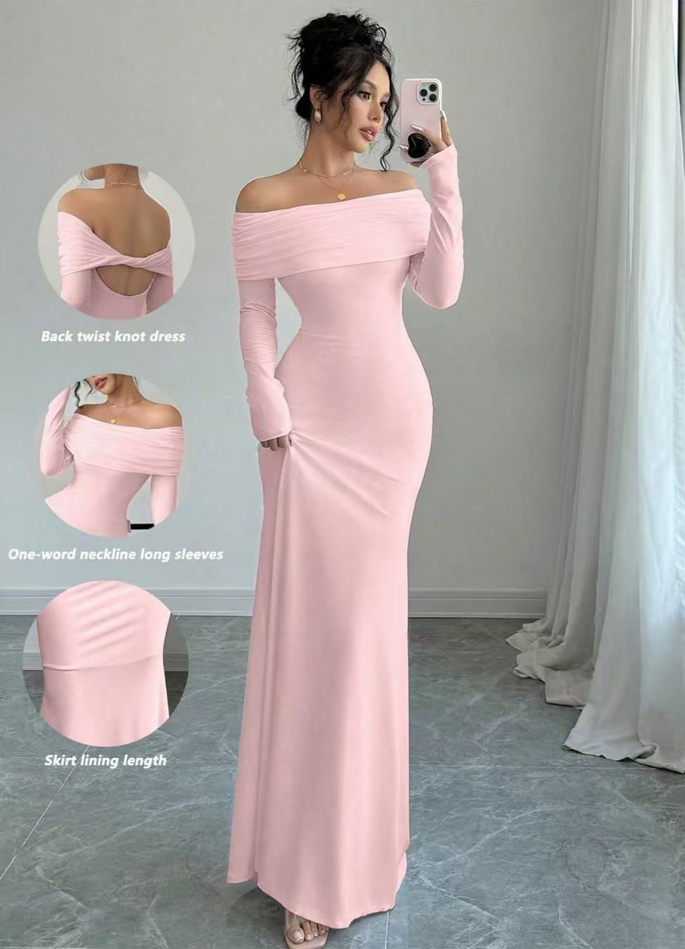 Damen Elegantes Off-Shoulder-Maxikleid mit figurbetontem Schnitt und langen Ärmeln