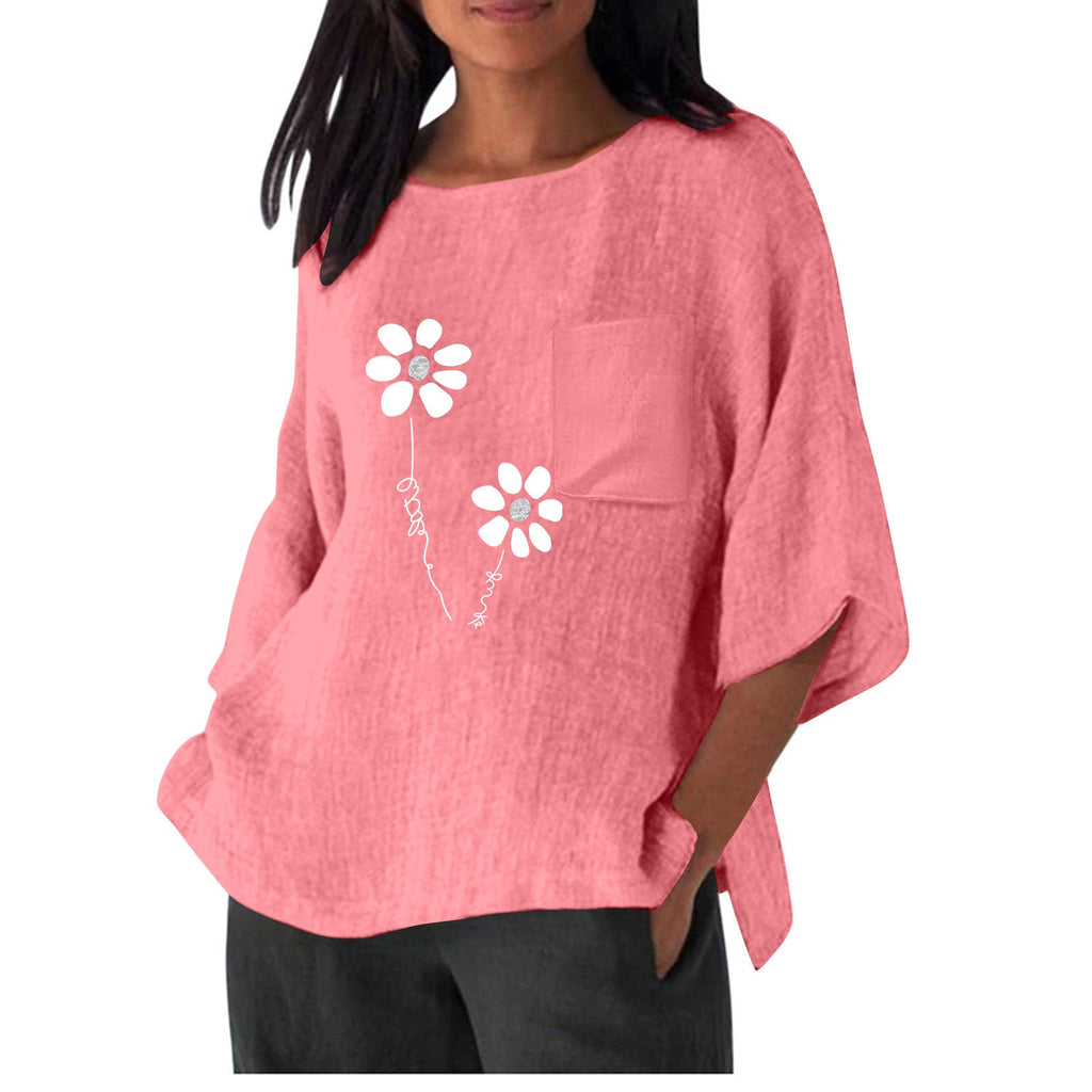 Damen lässiges Blusenshirt mit einzigartigem Blumenprint und praktischem Brusttaschen Shopnory