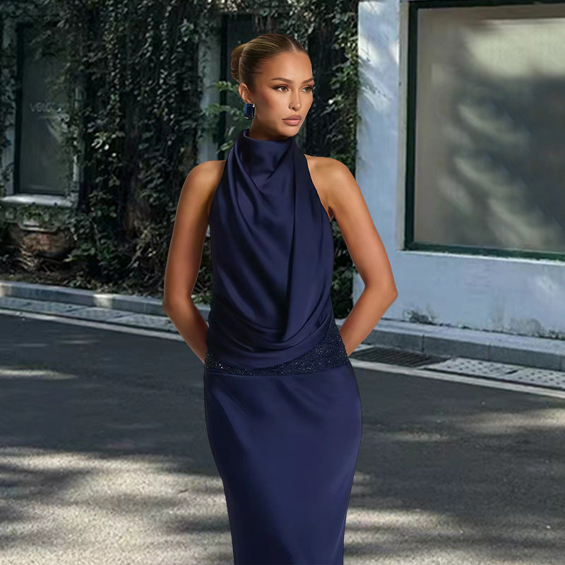 Damen elegantes Abendkleid mit tiefem Wasserfall-Ausschnitt und innovativer Drapierung