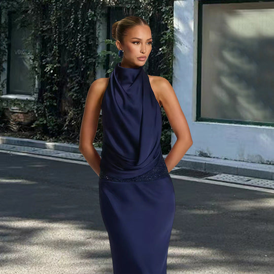 Damen elegantes Abendkleid mit tiefem Wasserfall-Ausschnitt und innovativer Drapierung