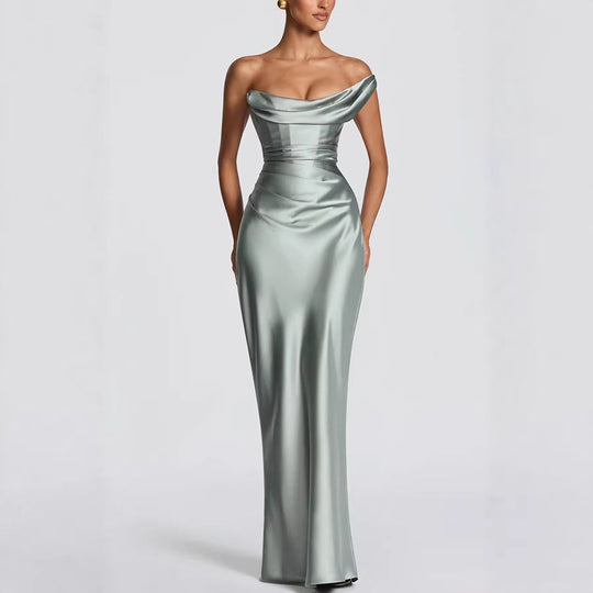 Damen Elegantes Maxikleid mit asymmetrischem Oberteil und fließendem Satin Shopnory