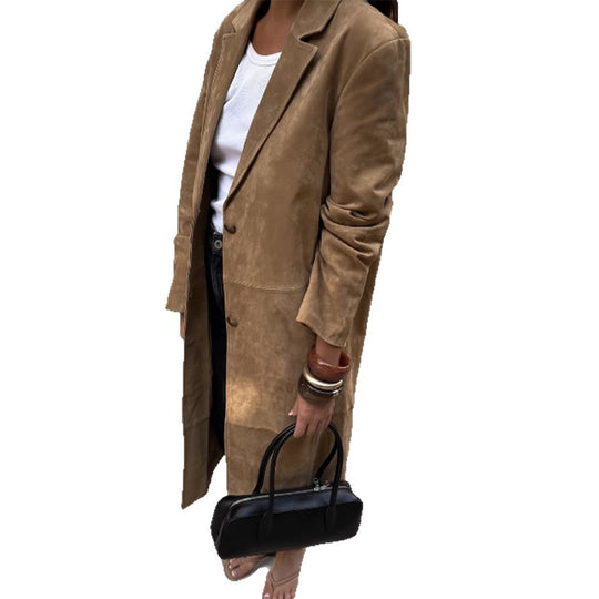 Damen Langmantel aus Veloursleder‑Optik mit schmalem Revers und cleanem Schnitt Shop Nory