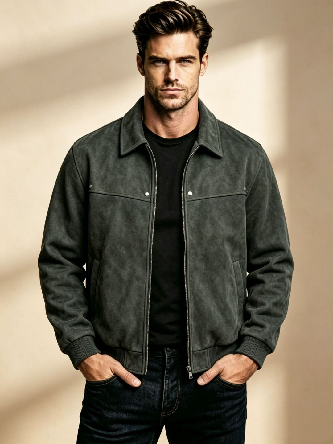 Herren Modische Lederjacke mit klassischem Kragen