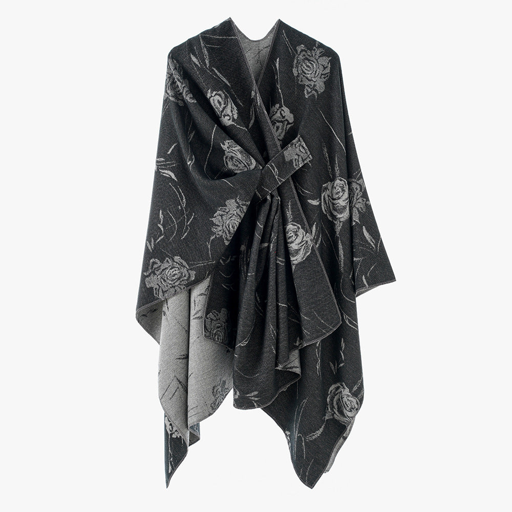 Damen Beidseitig tragbarer Jacquard-Überwurf mit Rosenmuster und Bindegürtel Shop Nory