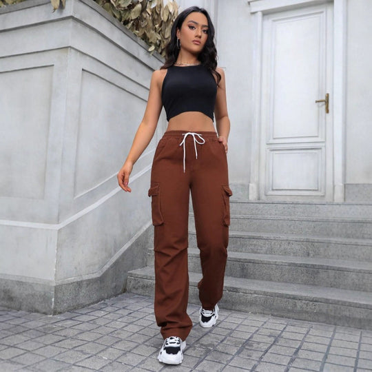 Damen taillenhohe Cargo-Jogginghose mit weitem Bein und Kordelzug Shop Nory
