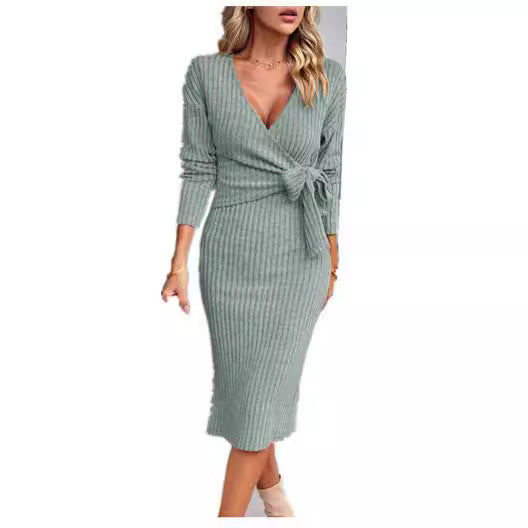 Damen Rippstrick-Wickelmidikleid mit Taillenschleife Shop Nory