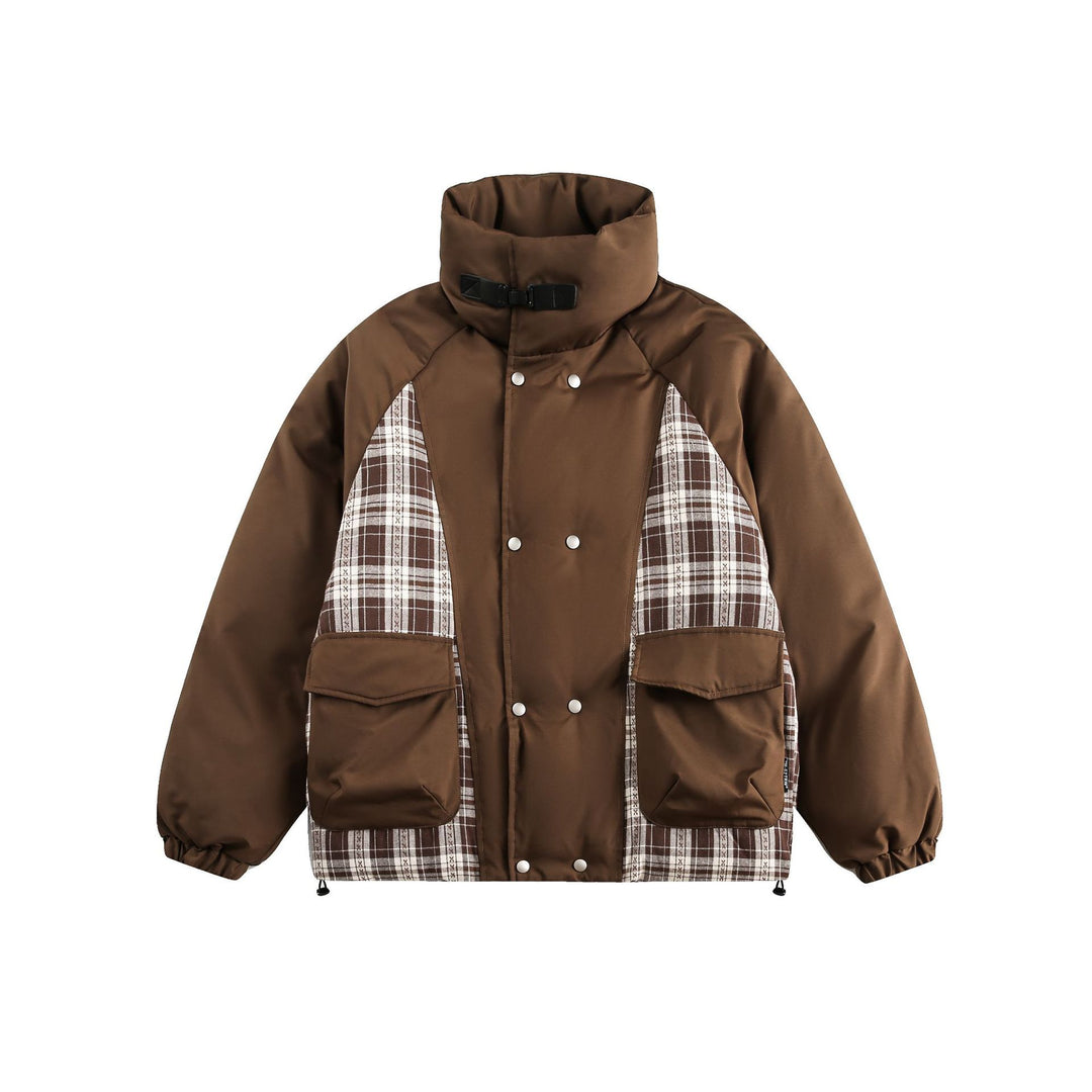Unisex Oversize Stehkragen‑Pufferjacke mit karierter Einsatz‑Panel und Utility‑Taschen Shop Nory
