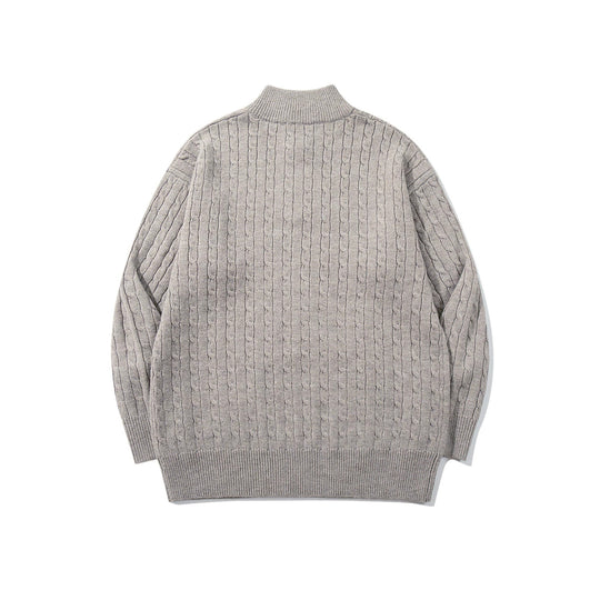Unisex Zopfmuster-Halbzip-Strickpullover mit hohem Rippkragen und längerem Saum Shop Nory