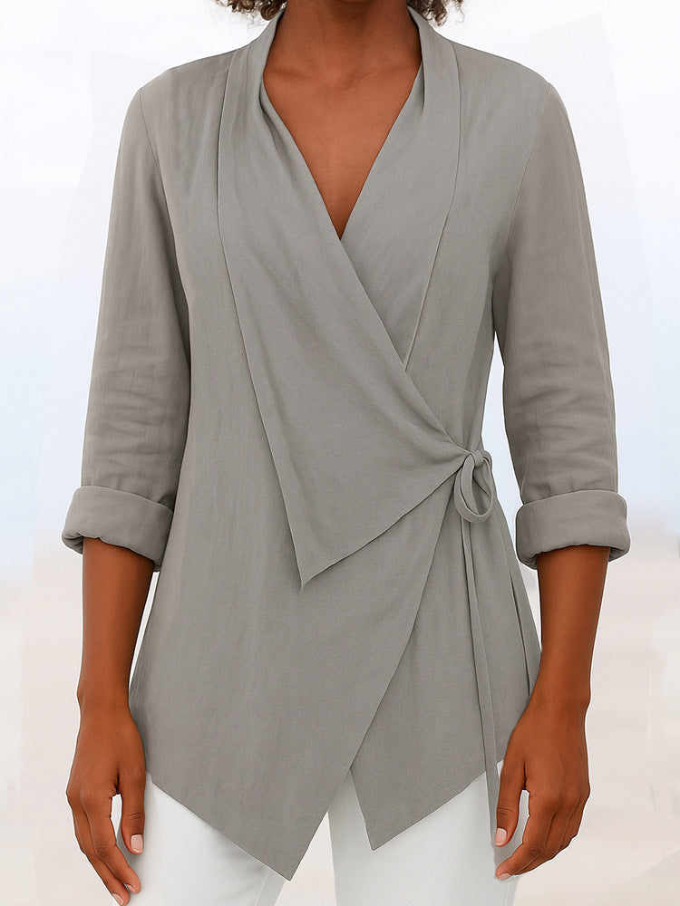 Damen Asymmetrische Wickelbluse mit Schalkragen und 3/4-Ärmeln Shop Nory