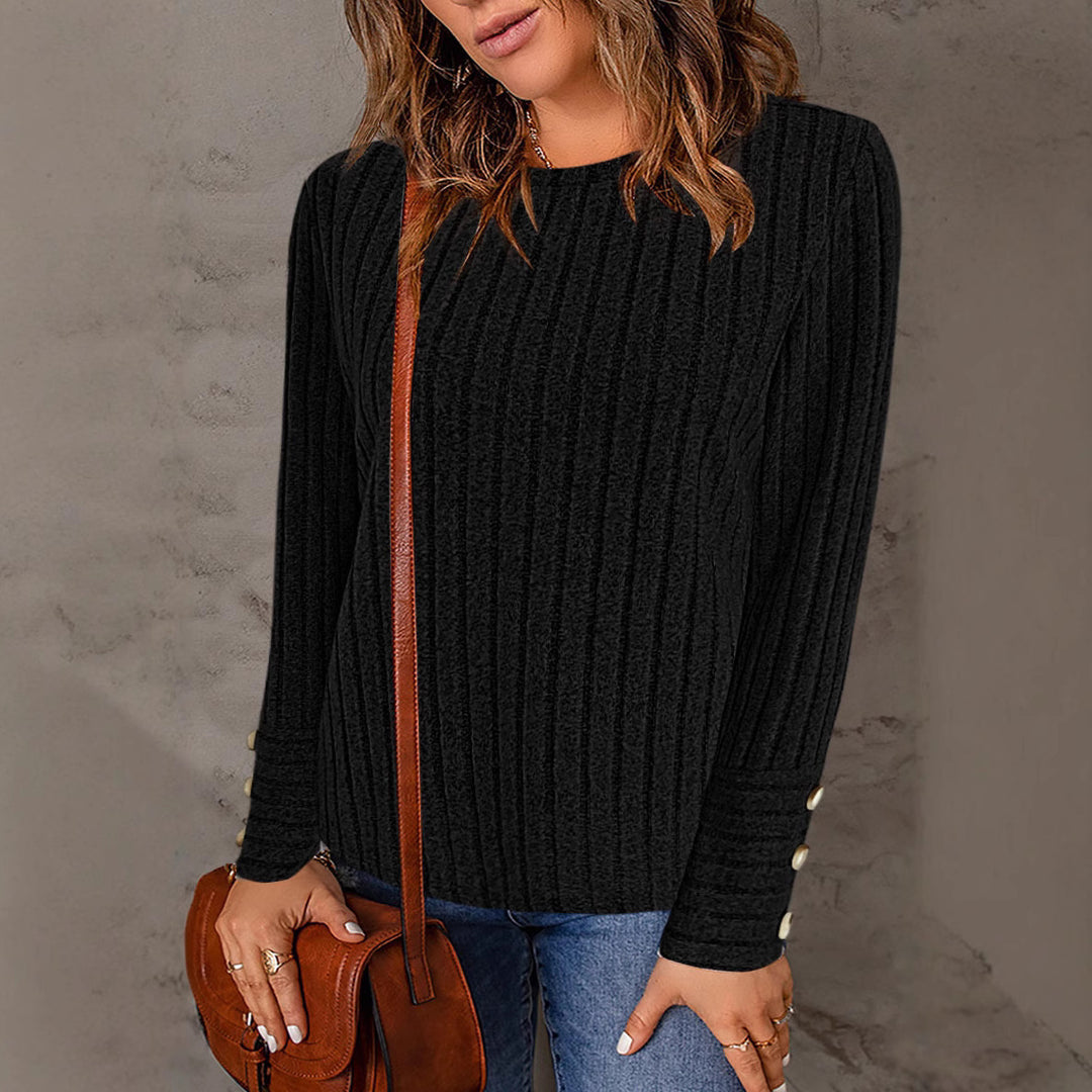 Damen Gerippter Feinstrick-Pullover mit Rundhals und Perlmuttknopf‑Manschetten Shop Nory