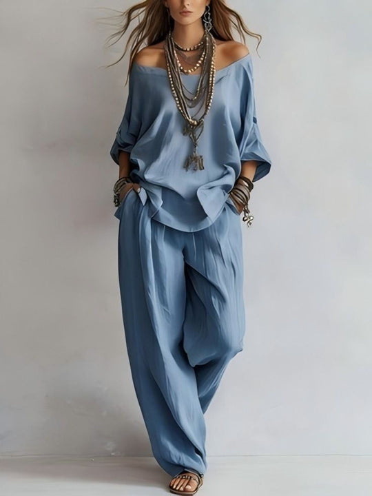 Damen Lässiges Leichtes Lounge-Set mit Carmenausschnitt und Palazzo-Hose Shop Nory
