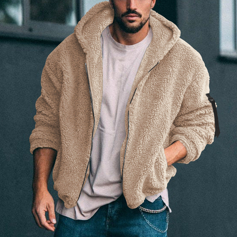 Herren Gefütterte Fleece-Kapuzenjacke mit Teddy-Finish, Reißverschluss und Seitentaschen Shop Nory