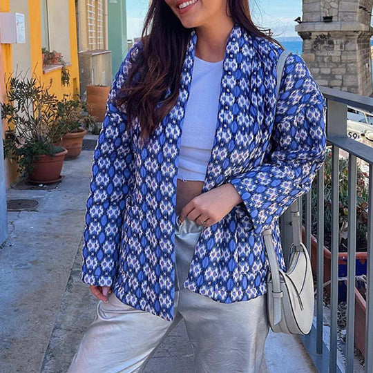 Damen Gemusterte Kimono-Steppjacke mit offener Front und aufgesetzten Taschen Shop Nory