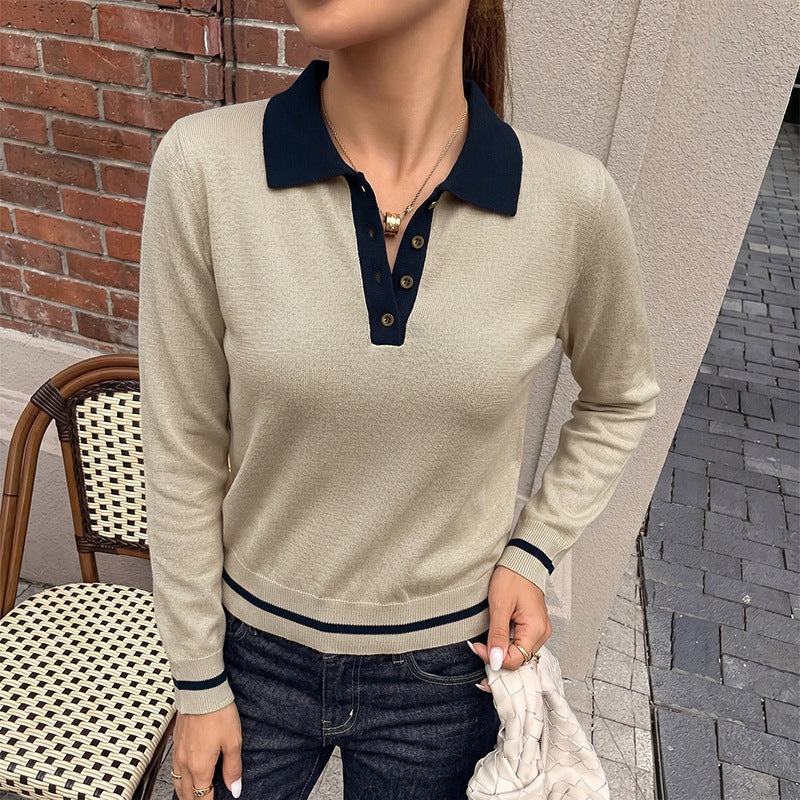 Damen Feinstrick-Poloshirt mit Kontrastkragen, Knopfleiste und taillierter Passform Shop Nory