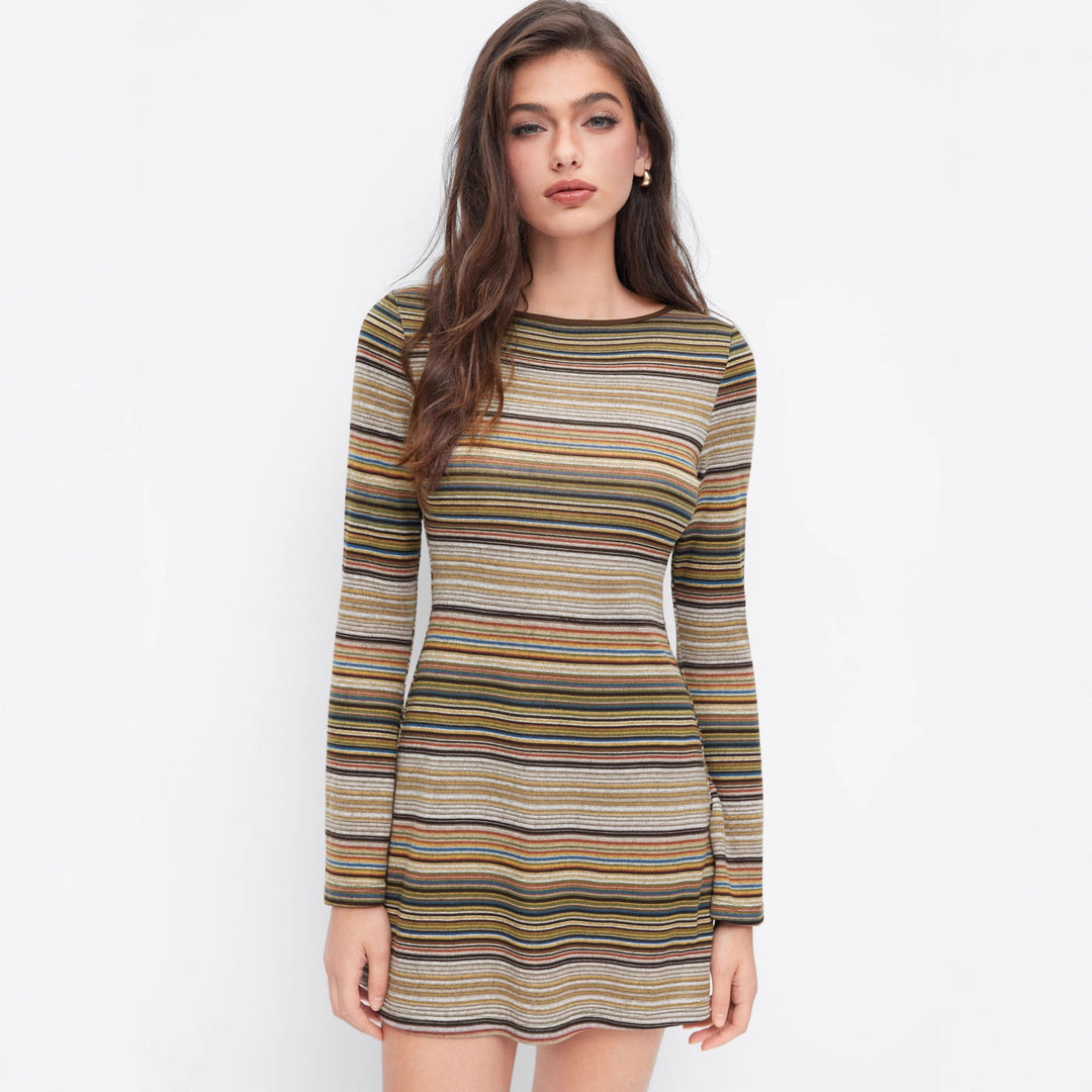 Damen Gestreiftes Feinstrick-Minikleid mit taillierter Silhouette und langen Ärmeln Shop Nory