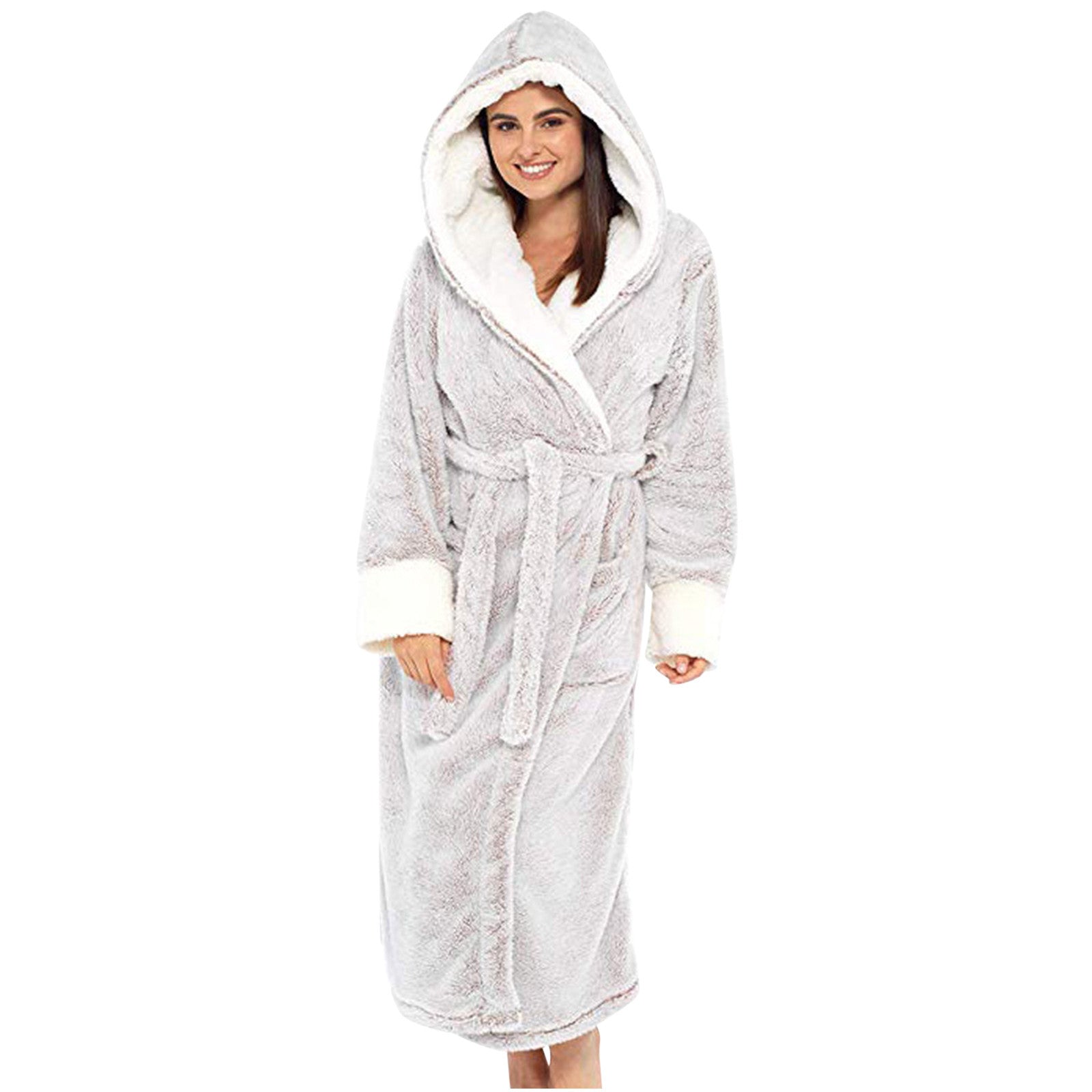 Damen Kuscheliger Fleece-Morgenmantel mit Kapuze und Gürtel ShopNory