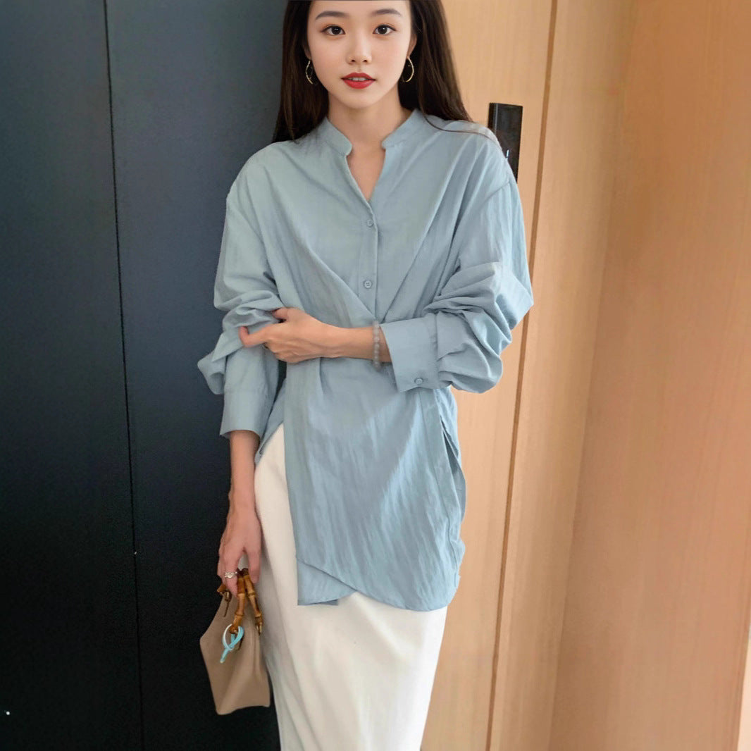 Damen Wickelbluse mit geraffter Taille und Ballonärmeln Shop Nory