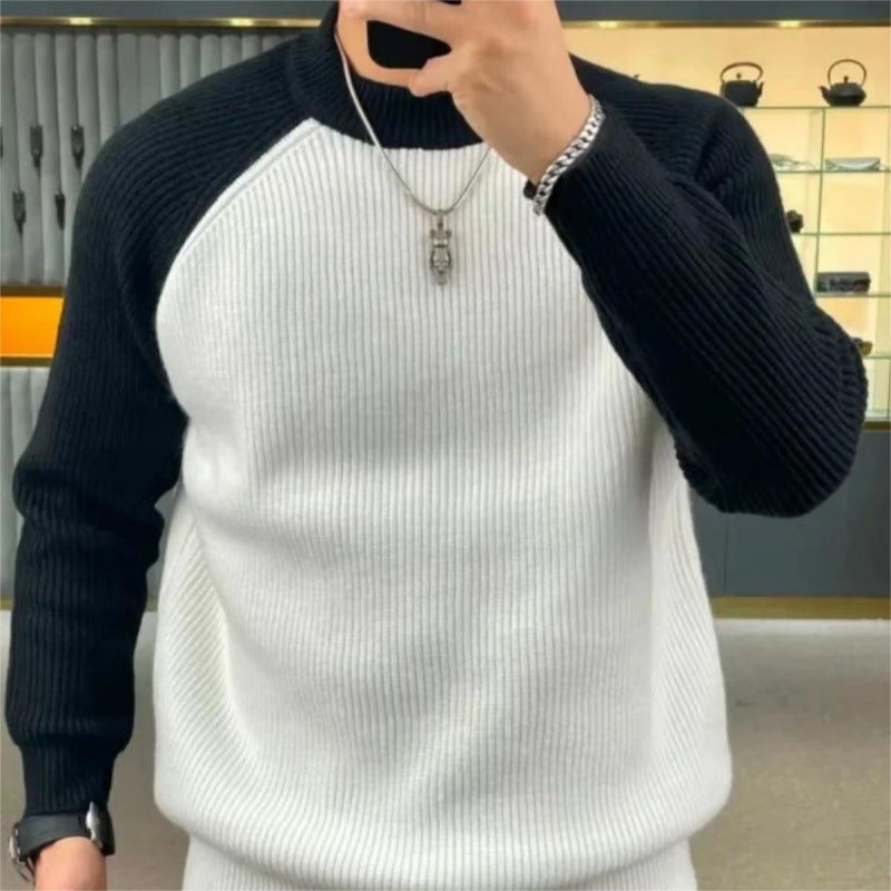 Herren Gerippter Raglan-Pullover mit Kontrastärmeln und kurzem Stehkragen Shop Nory