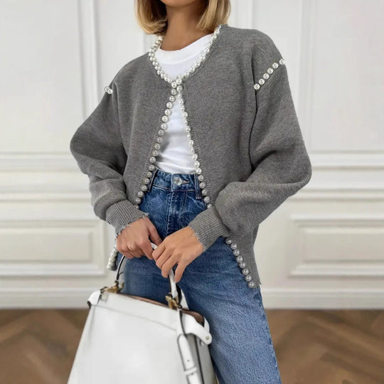 Damen Perlenverzierter Feinstrick-Cardigan mit Ballonärmeln Shop Nory