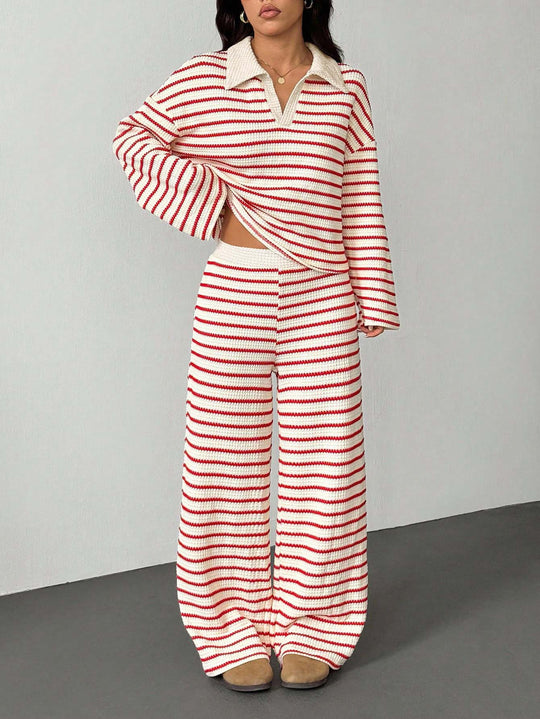 Damen Gestreiftes Strick-Set aus Polokrippenpullover und weiten Palazzo-Strickhose Shop Nory