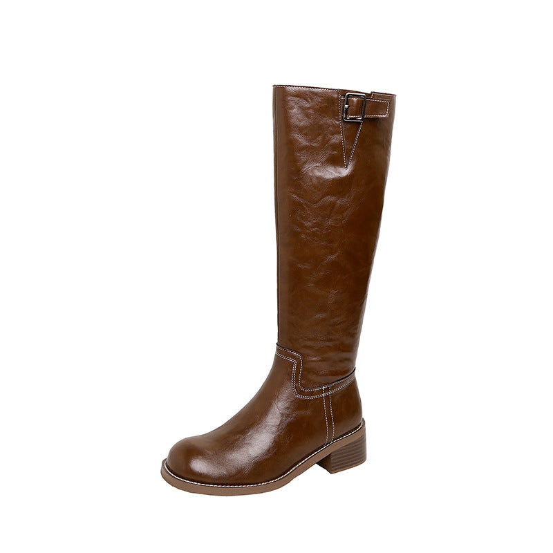 Damen kniehohe Lederstiefel mit Zierriegel, kontrastierender Naht und niedrigem Blockabsatz Shop Nory