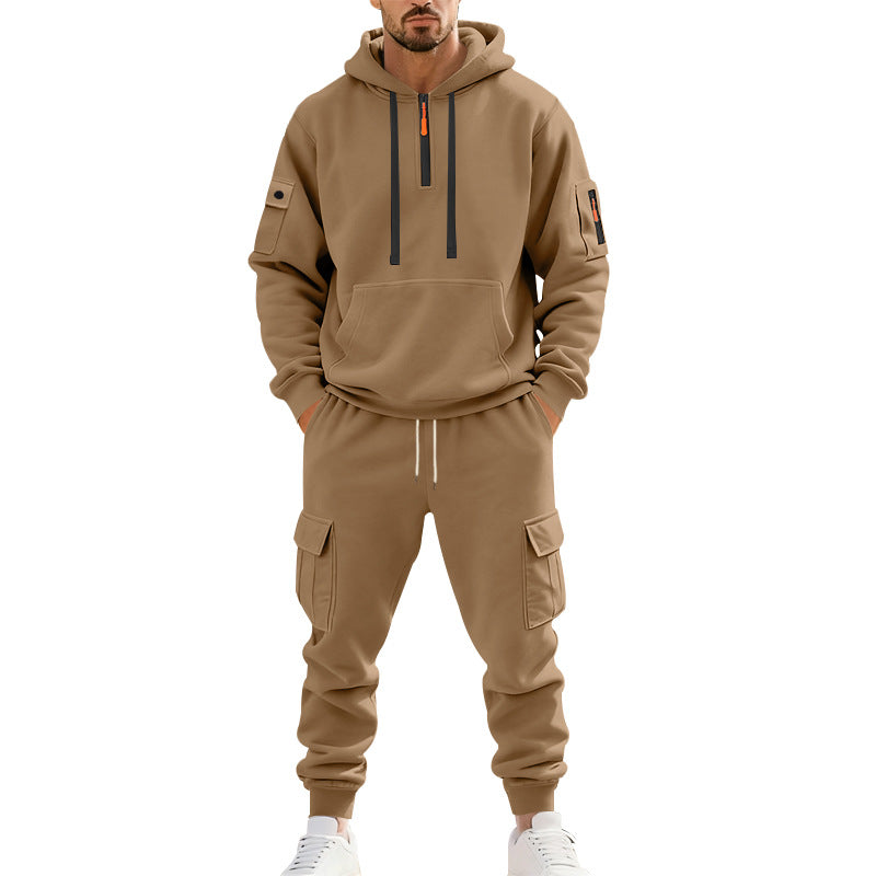 Herren nan zweiteiliges Utility-Freizeitset Hoodie mit halbhohem Reißverschluss, Ärmeltasche und Cargo-Jogginghose mit Klappentaschen Shop Nory