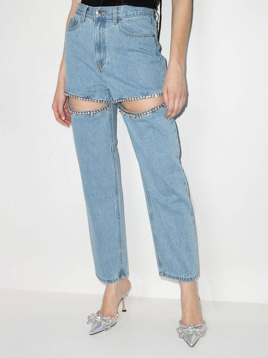 Damen ripped Jeans mit strassbesetzten Schnittstellen