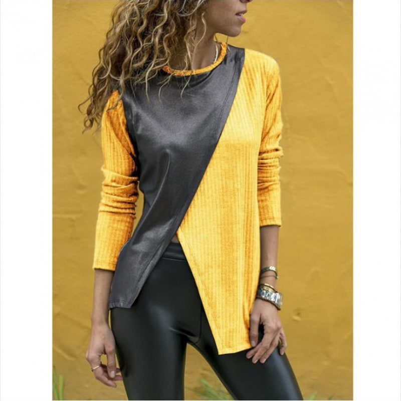 Damen Asymmetrisches Longsleeve mit Lederoptik‑Overlay und Rippstrick Shop Nory