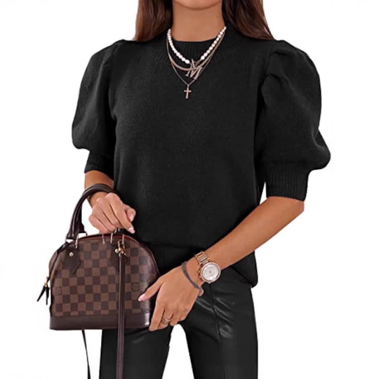 Damen Kurzgeschnitteter Feinstrickpullover mit Puffärmeln und Rippbündchen Shop Nory
