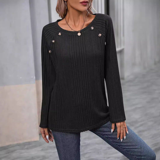 Damen Feiner Rippstrick-Pullover mit Zierknopfleiste und Rundhalsausschnitt Shop Nory
